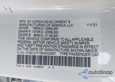 2022 Honda Accord Lx from USA, damaged, VIN 1HGCV1F18NA002067